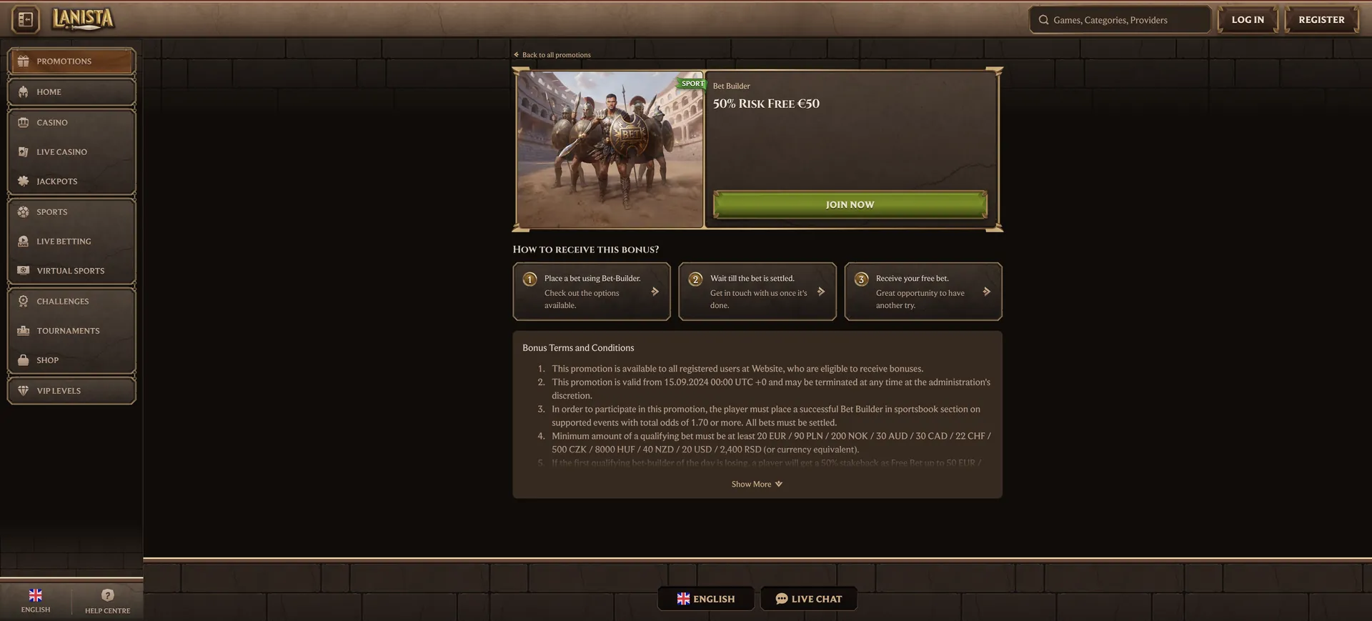 1 De Aktionen Bet Builder 50 Lanista Casino: 1 De Aktionen Bet Builder 50